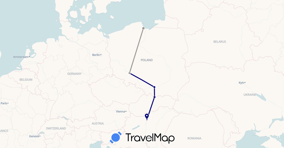 TravelMap itinerary: driving, plane in Hungary, Poland (Europe)